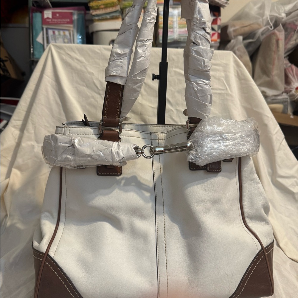 Coach Hampton Bone and Brown Leather Shoulder Bag